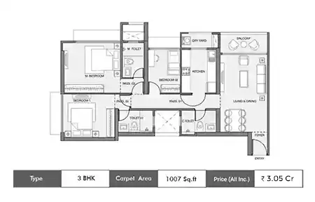3 BHK-1007 SqFt